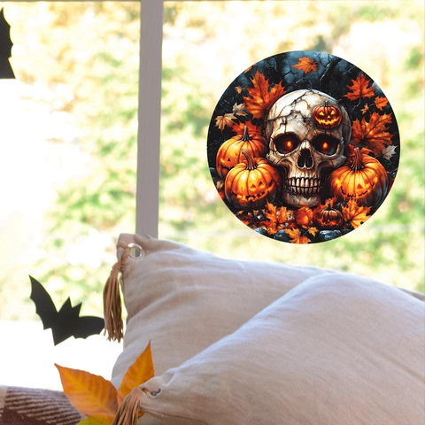 Halloween Skull Pumpkin Static Cling Window Sticker Autumn Maple Leaf Gothic Glass Decoration For Home Party Shop Decor