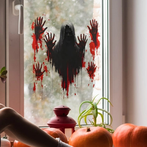 Halloween Horror Grim Reaper Skull Wall Sticker Blood Handprints PVC Self-Adhesive Window Decal For Party Bedroom Home Decor