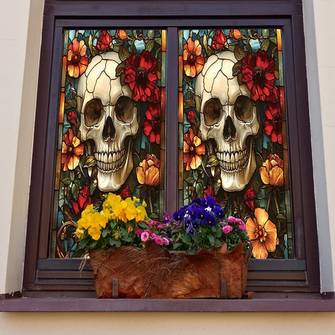 Pegatina de Ventana Calavera Flor de Vidriera Gótica Halloween Adhesión Estática PVC Para Decoración Hogar Película Privacidad