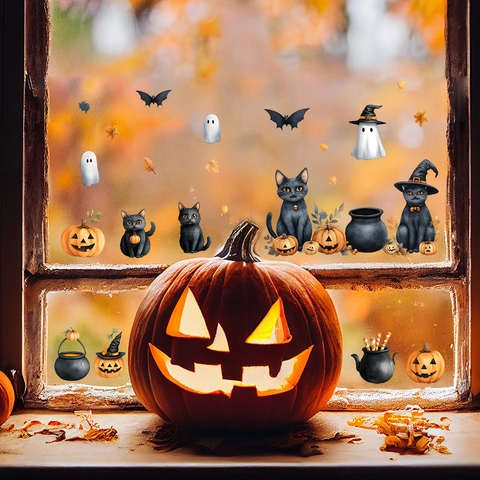 Halloween Katze Kürbis Geist UV Statische Fensterbilder PVC Aufkleber Für Haus Shop Urlaub Dekoration Cartoon Party Zubehör