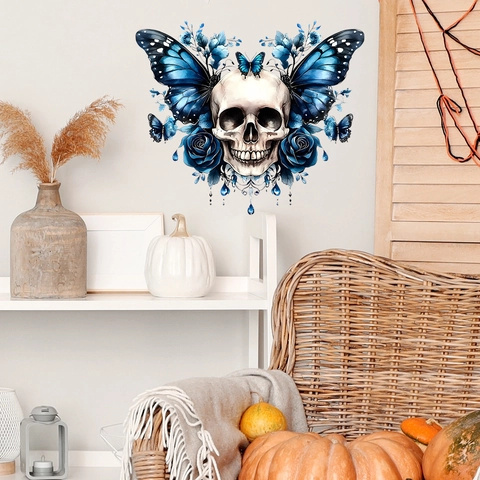 Gothisch Halloween Totenkopf Schmetterling Wandsticker Blau Rose Home Decor PVC Selbstklebend Aufkleber Für Wohnzimmer Party