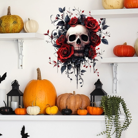 Halloween Gothic Skull Red Rose Wall Sticker PVC Removable Waterproof Decal For Living Room Bathroom Bedroom Decor