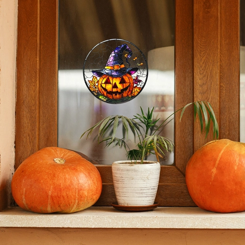 Halloween Pumpkin Witch Hat Window Cling Stained Glass Style Static PVC Sticker For Home Glass Door Holiday Decoration Party Ornament