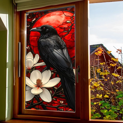 Gotik Rabe Roter Mond Glasmalerei Stil Fensteraufkleber Statische Haftung PVC Magnolienblüte Aufkleber Für Halloween Deko