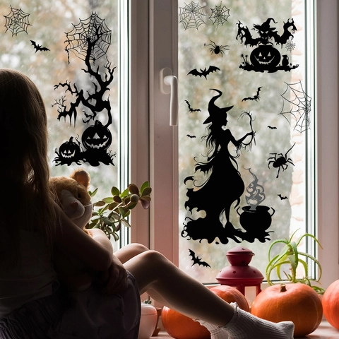 Halloween Witch Pumpkin Wall Sticker PVC Removable Silhouette Glass Window Decal Scary Bat Spider Home Room Party Decoration