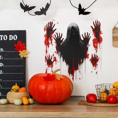 Halloween Horror Grim Reaper Skull Wall Sticker Blood Handprints PVC Self-Adhesive Window Decal For Party Bedroom Home Decor