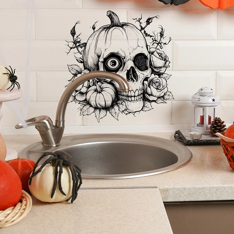 Halloween Skull Pumpkin Flower Wall Sticker PVC Gothic Skeleton Rose Pattern Decal For Living Room Bedroom Home Decoration
