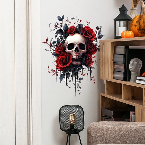 Halloween Gothic Skull Red Rose Wall Sticker PVC Removable Waterproof Decal For Living Room Bathroom Bedroom Decor