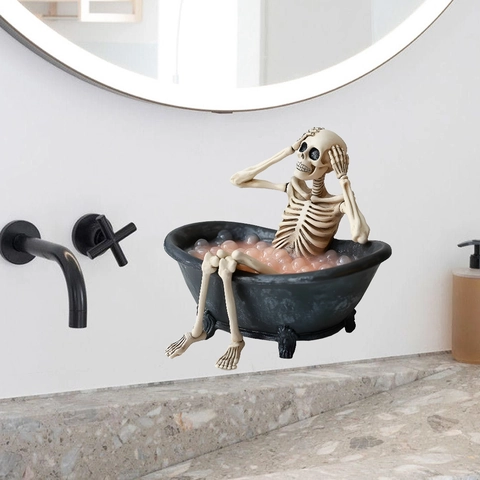 Funny Halloween Skeleton Bathing In Bathtub Wall Sticker Static Adsorption PVC Removable Decal For Bathroom Home Decor Gothic Style