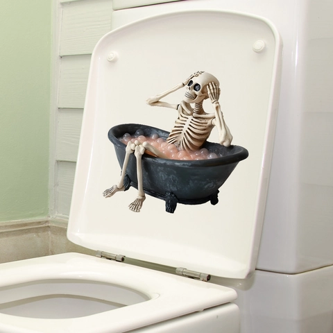 Funny Halloween Skeleton Bathing In Bathtub Wall Sticker Static Adsorption PVC Removable Decal For Bathroom Home Decor Gothic Style