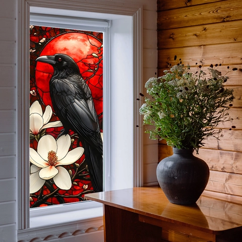 Gotik Rabe Roter Mond Glasmalerei Stil Fensteraufkleber Statische Haftung PVC Magnolienblüte Aufkleber Für Halloween Deko
