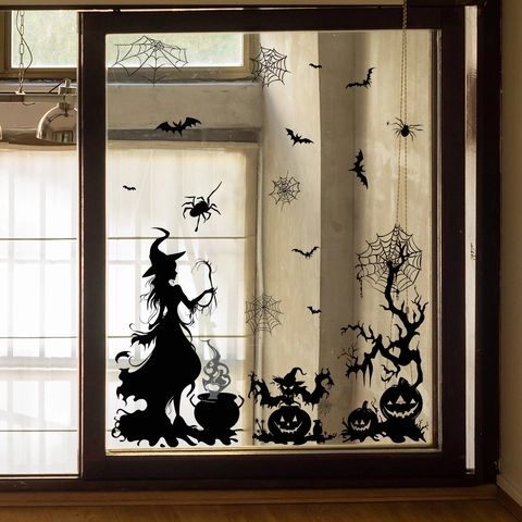 Halloween Witch Pumpkin Wall Sticker PVC Removable Silhouette Glass Window Decal Scary Bat Spider Home Room Party Decoration