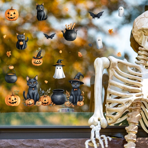 Halloween Katze Kürbis Geist UV Statische Fensterbilder PVC Aufkleber Für Haus Shop Urlaub Dekoration Cartoon Party Zubehör