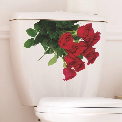 Adhesivo para Tapa de Inodoro de Flor de Rosa Roja Romántica Impermeable de PVC Autoadhesivo Decoración de Baño Calcomanía de Pared Floral