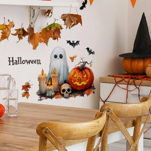 Halloween Wall Stickers Ghost Pumpkin Candle Bat Removable PVC Window Decals For Living Room Party Home Decorative Stickers