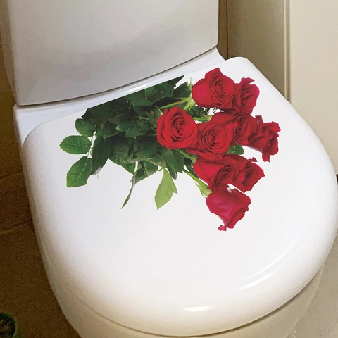 Adhesivo para Tapa de Inodoro de Flor de Rosa Roja Romántica Impermeable de PVC Autoadhesivo Decoración de Baño Calcomanía de Pared Floral