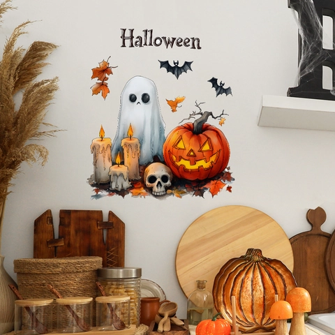 Halloween Wall Stickers Ghost Pumpkin Candle Bat Removable PVC Window Decals For Living Room Party Home Decorative Stickers