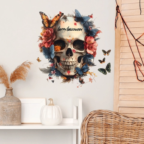 Halloween Smiling Skull Wall Sticker With Butterfly And Flowers PVC Self-Adhesive Wall Decal For Living Room Bedroom Home Decor