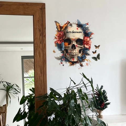 Halloween Smiling Skull Wall Sticker With Butterfly And Flowers PVC Self-Adhesive Wall Decal For Living Room Bedroom Home Decor