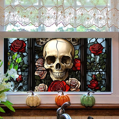 Pegatina de Ventana Estilo Vitral Gótico Calavera y Rosa Decoración Halloween Adhesiva Estática PVC para Cristal Hogar
