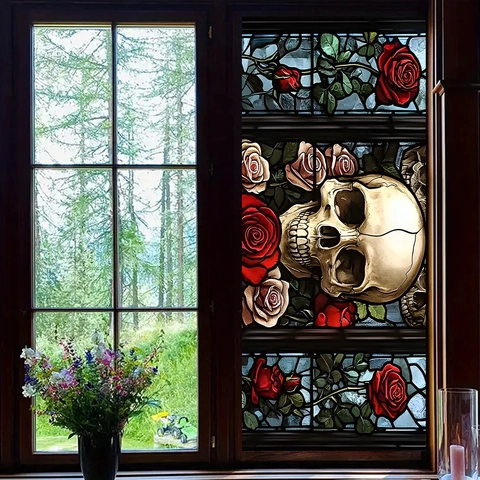 Pegatina de Ventana Estilo Vitral Gótico Calavera y Rosa Decoración Halloween Adhesiva Estática PVC para Cristal Hogar