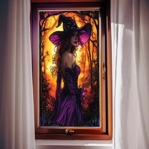 Halloween Witch Static Cling Window Sticker Stained Glass Style PVC Gothic Forest Home Decor Decal For Glass Surfaces