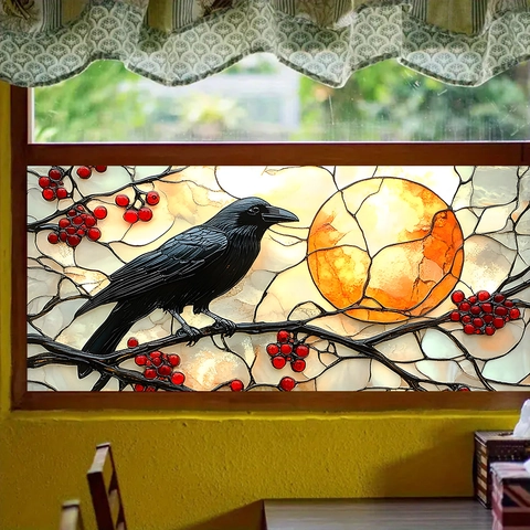 Pegatina de Ventana Estilo Vitral Vintage Cuervo Luna Decoración Halloween PVC Adherencia Estática Pájaro en Rama Película