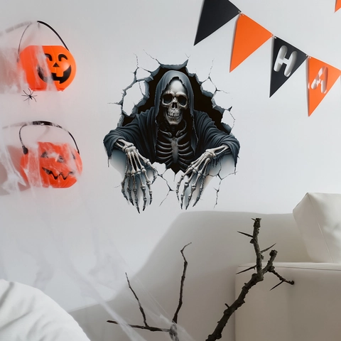 Halloween 3D Αυτοκόλλητο Τοίχου Σκελετός Χάρος που Σπάει τον Τοίχο PVC Αυτοκόλλητο Τρόμου για Καθιστικό Πάρτι Διακόσμηση Σπιτιού
