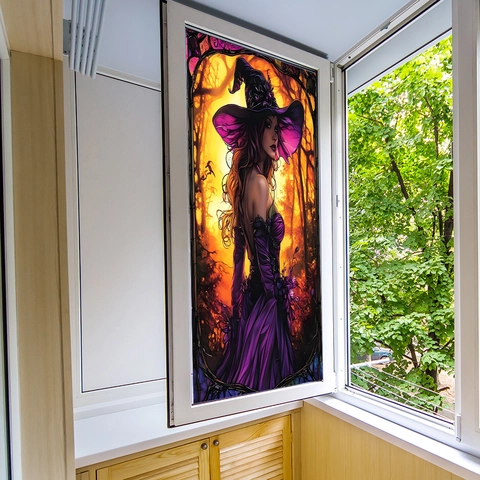 Halloween Witch Static Cling Window Sticker Stained Glass Style PVC Gothic Forest Home Decor Decal For Glass Surfaces