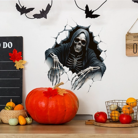 Halloween 3D Αυτοκόλλητο Τοίχου Σκελετός Χάρος που Σπάει τον Τοίχο PVC Αυτοκόλλητο Τρόμου για Καθιστικό Πάρτι Διακόσμηση Σπιτιού