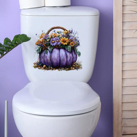 Halloween Purple Pumpkin Flower Basket Toilet Sticker Autumn Harvest Sunflower Waterproof PVC Bathroom Wall Decal Decor
