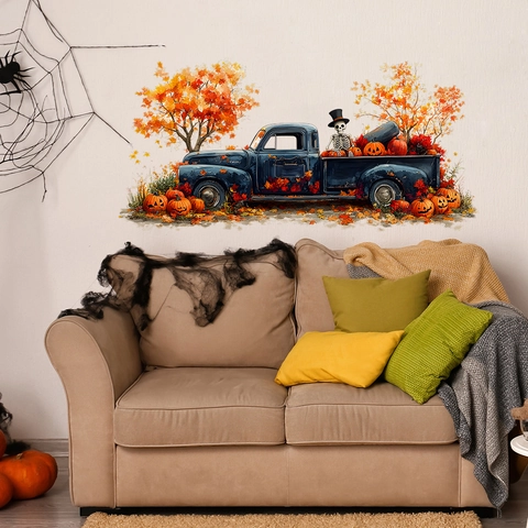 Pegatina de Pared Halloween Camioneta Azul Retro Con Calabaza Esqueleto Arce de Otoño PVC Calcomanía Extraíble DIY para Hogar Fiesta