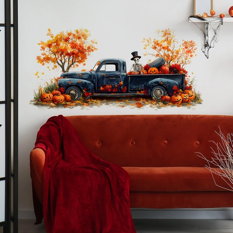 Pegatina de Pared Halloween Camioneta Azul Retro Con Calabaza Esqueleto Arce de Otoño PVC Calcomanía Extraíble DIY para Hogar Fiesta