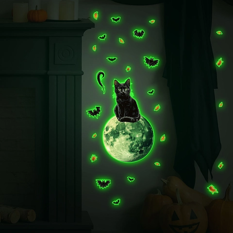 Stickers Muraux Halloween Lumineux Dans Le Noir Lune Chat Noir Chauve-Souris Décalcomanies En PVC Pour Décoration De Fête