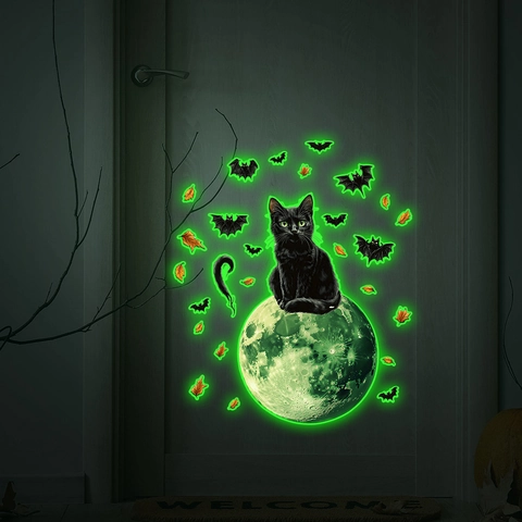 Stickers Muraux Halloween Lumineux Dans Le Noir Lune Chat Noir Chauve-Souris Décalcomanies En PVC Pour Décoration De Fête