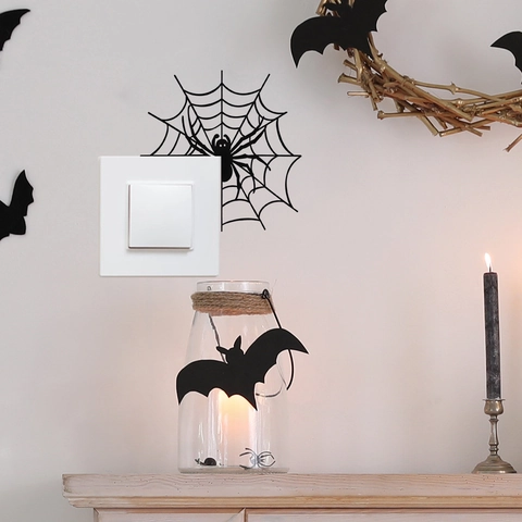 Adesivo per Interruttore Ragnatela di Halloween PVC Nero Ragno Decalcomania da Muro per Decorazione Festa Festiva Adesivo Autoadesivo DIY