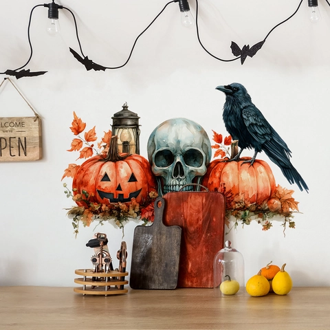 Halloween Muursticker Aquarel Pompoen Schedel Raaf Esdoornblad Verwijderbaar PVC Huis Decoratie Feest Muurschildering Keuken