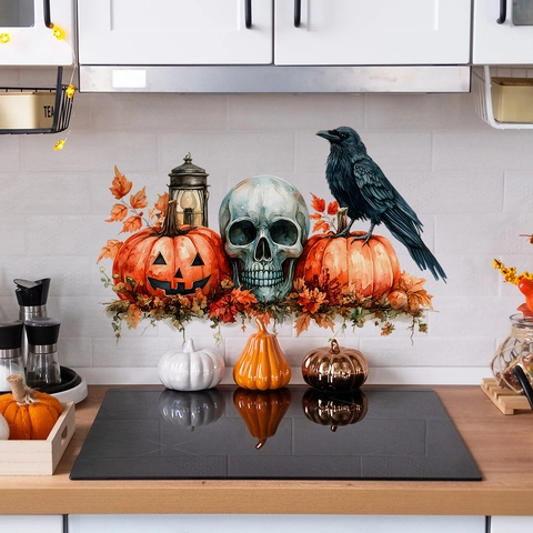 Halloween Muursticker Aquarel Pompoen Schedel Raaf Esdoornblad Verwijderbaar PVC Huis Decoratie Feest Muurschildering Keuken