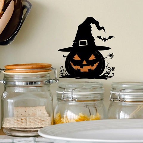Halloween Kürbis Hexenhut Wandaufkleber PVC Schwarz Spinne Fledermaus Silhouette Schalteraufkleber Für Wohnzimmer Deko
