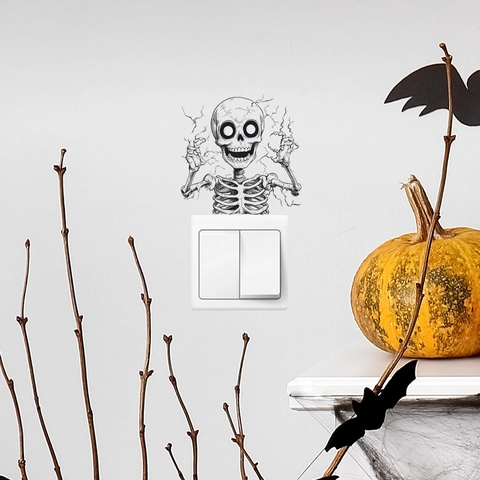 Halloween Lächelndes Skelett Schalter-Aufkleber Cartoon Totenkopf Wandtattoo Für Heimdeko PVC Abnehmbar Selbstklebend Party