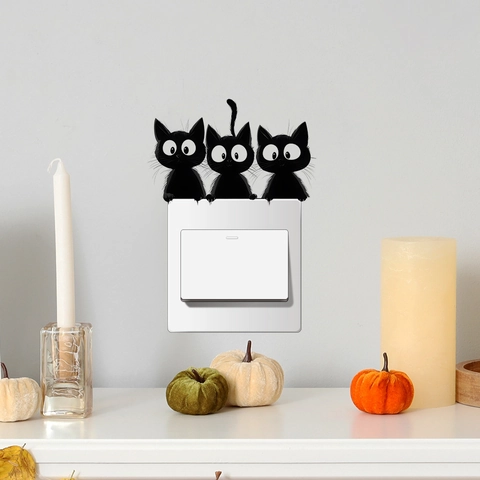 Halloween Cute Black Cat Switch Stickers Removable PVC Wall Decals For Home Decor Cartoon Cat Silhouette Wall Art Stickers