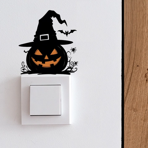 Pegatina de Pared de Calabaza de Halloween Sombrero de Bruja PVC Negro Araña Murciélago Silueta Calcomanía para Interruptor