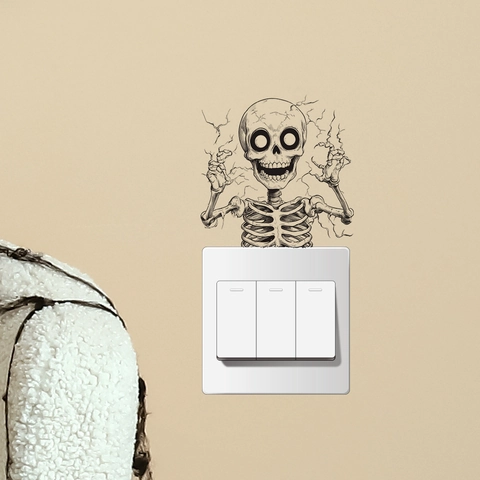 Halloween Lächelndes Skelett Schalter-Aufkleber Cartoon Totenkopf Wandtattoo Für Heimdeko PVC Abnehmbar Selbstklebend Party