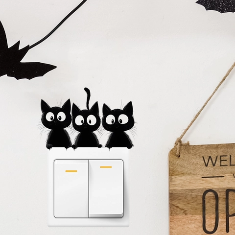 Halloween Cute Black Cat Switch Stickers Removable PVC Wall Decals For Home Decor Cartoon Cat Silhouette Wall Art Stickers