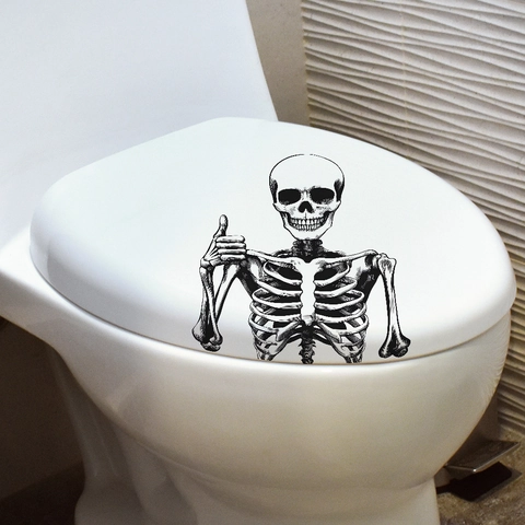 Halloween Grappig Skelet Duim Omhoog Toilet Sticker Verwijderbaar Waterdicht PVC Lachende Schedel Muursticker Voor Badkamer Decor