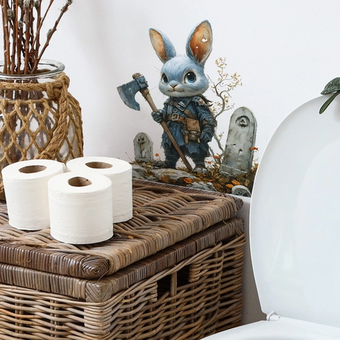 Pegatina para Inodoro de Halloween Fantasía Oscura Conejo Hacha Lápida PVC Calcomanía de Pared Extraíble para Baño