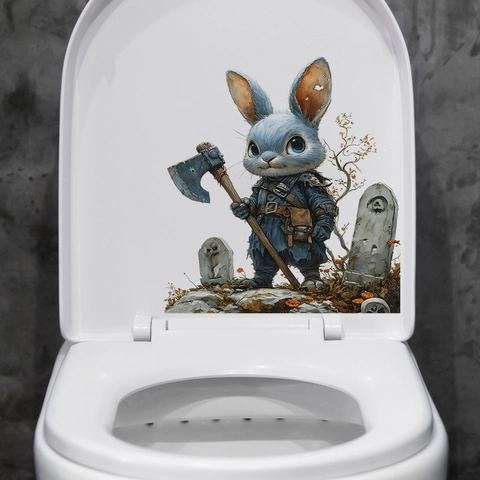 Pegatina para Inodoro de Halloween Fantasía Oscura Conejo Hacha Lápida PVC Calcomanía de Pared Extraíble para Baño