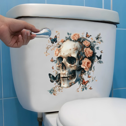 Adesivo per WC di Halloween Teschio Fiori Farfalla Impermeabile PVC Gotico Decorazione Bagno Adesivo da Parete Autoadesivo