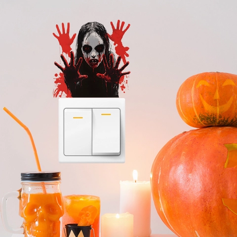 Adesivo per Interruttore di Luce Ragazza Fantasma Horror di Halloween Impronta di Mano Insanguinata Decalcomania in PVC Impermeabile