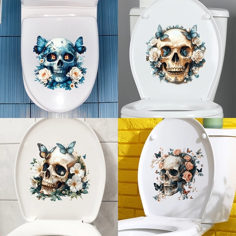 Adesivo per WC di Halloween Teschio Fiori Farfalla Impermeabile PVC Gotico Decorazione Bagno Adesivo da Parete Autoadesivo